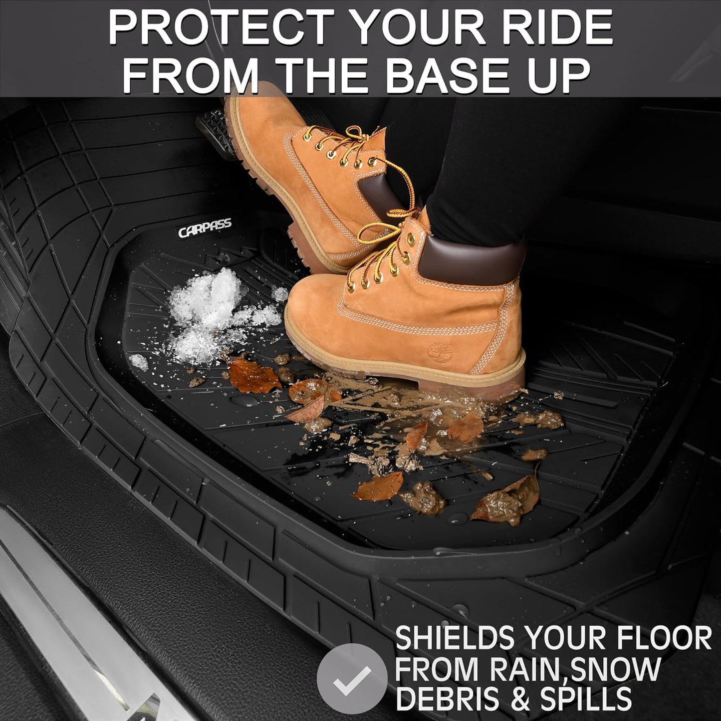 CAR PASS Leather Rubber Steering Wheel Cover 14 1/2” -15”,Tire Tread Pattern Design,Non-Slip Wear-Resistant, Heavy Duty Deep-Dish Car Floor Mats, Trim-to-Fit Car Mat,Fit for Steering Wheel Black