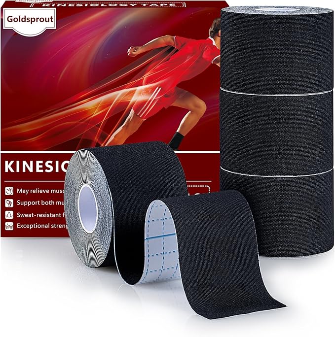Kinesiology Tape (4 Rolls Pack),Waterproof Athletic Tape for Pain Relief,Brace & Elastic Supports Tapes for Ankle Wrists Knees Joints,2 Inches Wide x 16.4 Feet Long (Black)