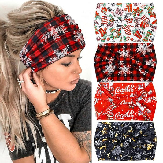 Huachi Christmas Headbands for Women Cute Knotted Head Bands Girls Hair Accessories Red Green Hairbands Fashion Snow Funny Hairwear Holiday Gifts (Pack of 4)