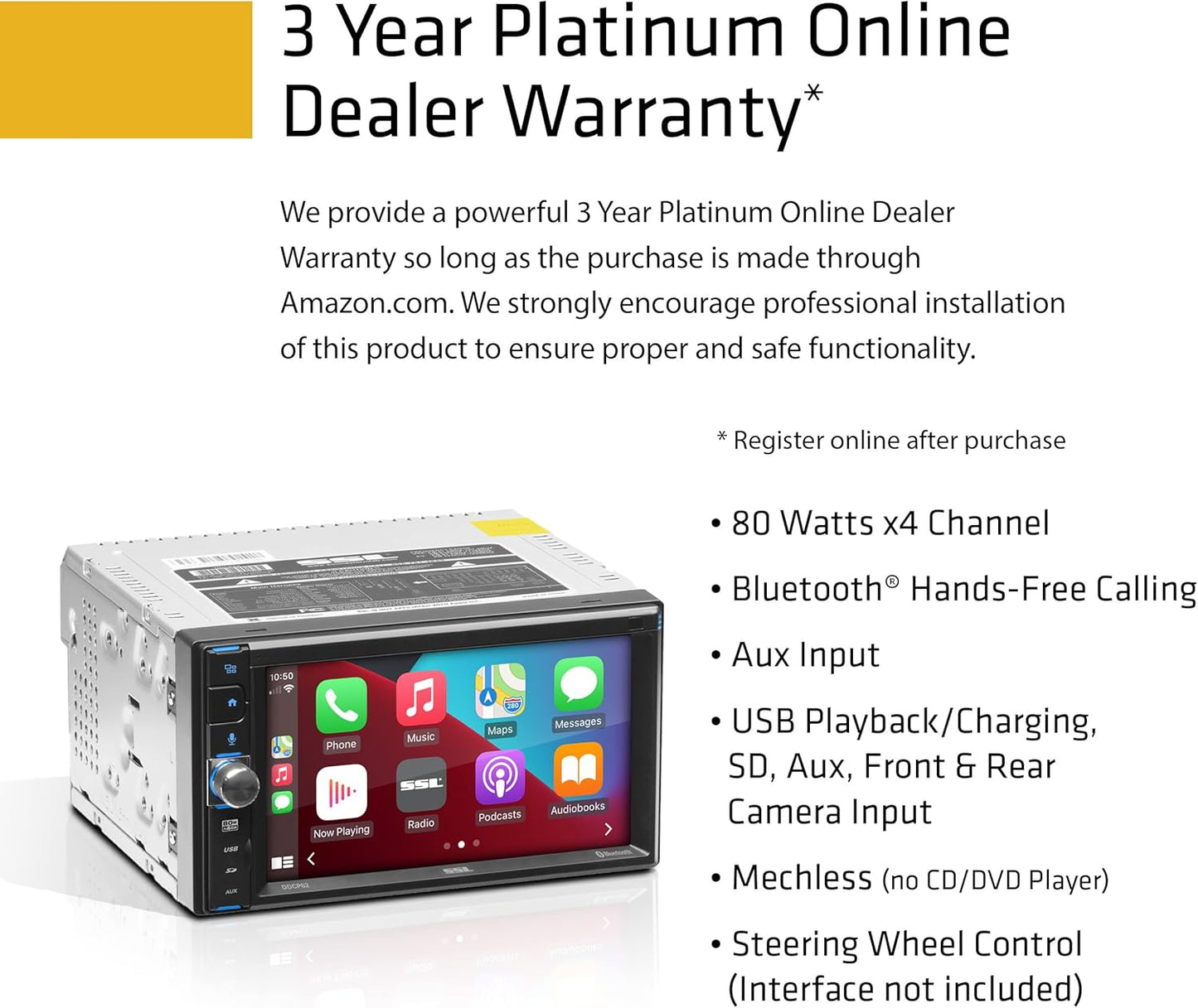 Sound Storm Laboratories DDCP62 Car Stereo - Apple CarPlay, Double Din, 6.2 Inch Capacitive Touchscreen, Bluetooth, No DVD CD Player, AM/FM Radio Receiver, Wireless Remote Control