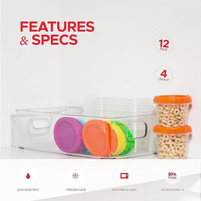 Tafura 4 Oz. Small Containers with Lids [12 Pack] | Condiment Containers for Puree, Snacks, and More | Reusable Small Plastic Food Storage Containers, BPA Free