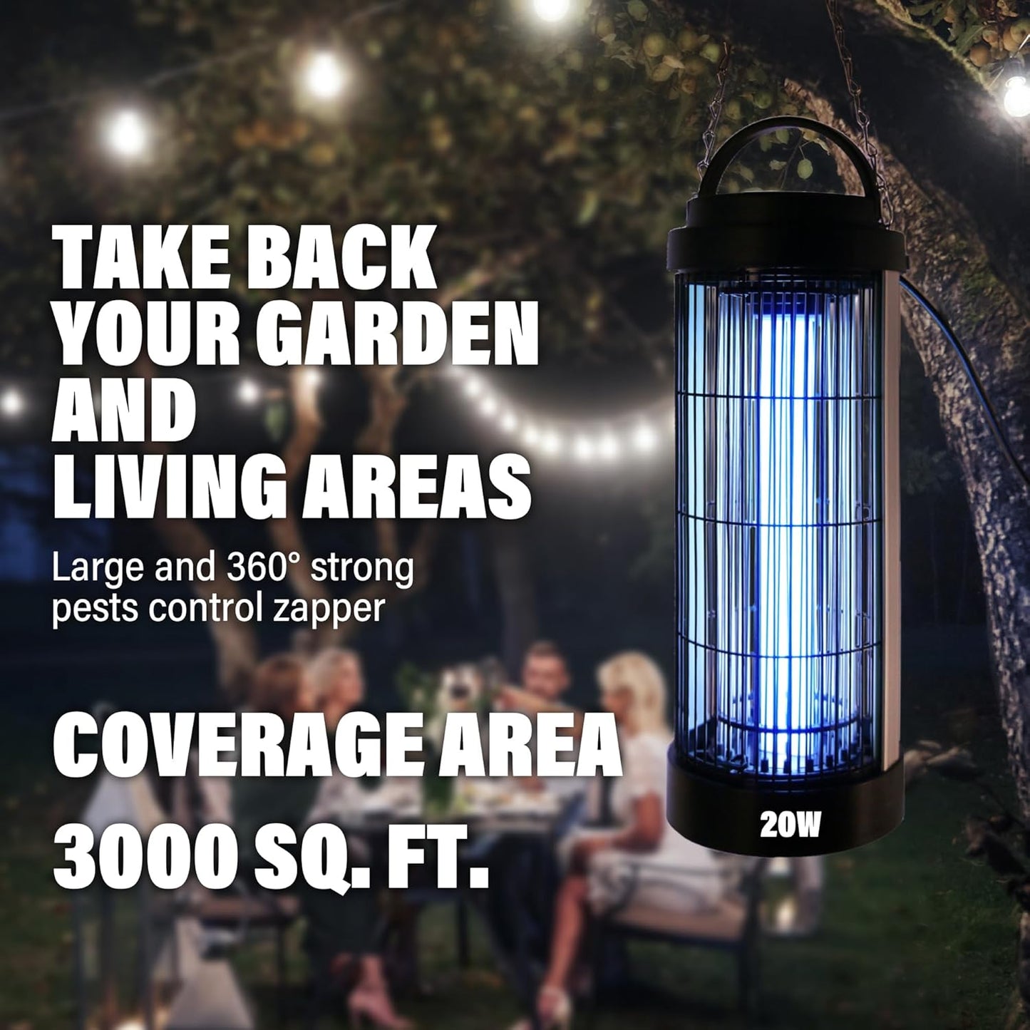 Small Bug Zapper Indoor for 3000 Sq.Ft. with 13FT Power Cord, 3000V Instant Killing Grid Removable Hanging High Power Outdoor Mosquito Killer, Fly Trap Lamps for Front Porch Backyard Outdoor