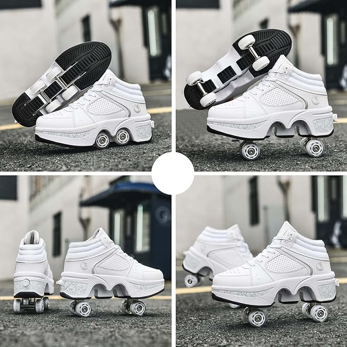 Roller Skate Shoes for Women Four Rounds Children's Roller Skates Shoes That Turn into Rollerskates Sneakers Outdoor Light Shoes with Wheels for Girls/Boys