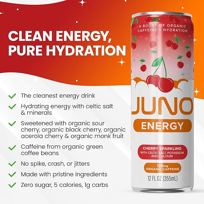 JUNO ENERGY Organic Cherry Sparkling Drink - Sugar Free Electrolytes, Energizing and Hydrating with 125mg Organic Caffeine from Green Coffee Beans, Organic Monk Fruit, Organic Sour and Black Cherry Juice & Electrolytes - Vegan, Gluten Free, 12 Pack