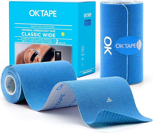 OK TAPE Extra Wide Kinesiology Tape, Precut K Tape Strips, Elastic Physical Therapy Athletic Tape for Pain Relief & Joint Support | Back, Shoulder, Knee (4" x 10" - 20Pcs) Blue
