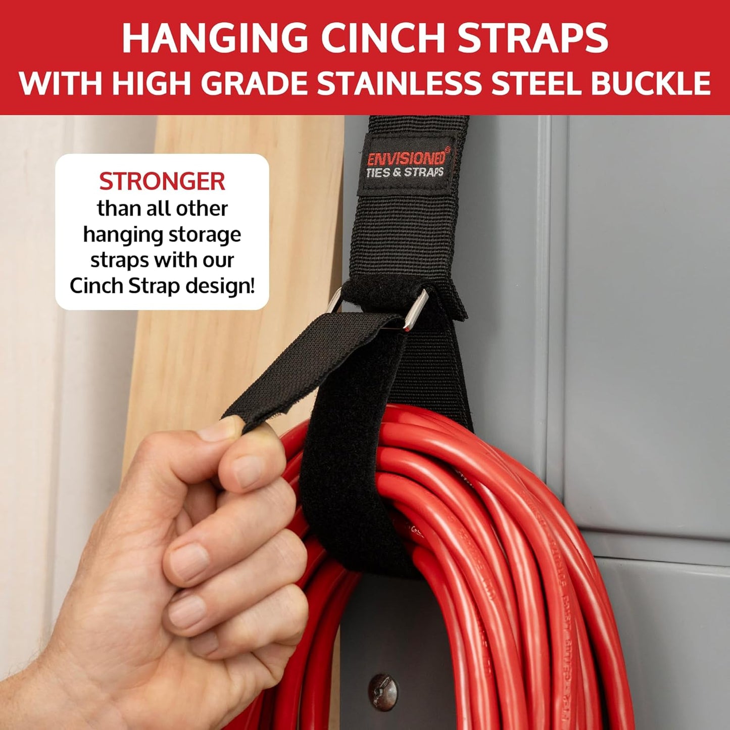 Heavy Duty Hanging Storage Cinch Straps with Metal Buckle (4 Pack, 1.5" x 20") - Electrical Extension Cord & Garden Hose Holder, Cable Management, Storage Organizer in Garage, Workshop - ENVISIONED