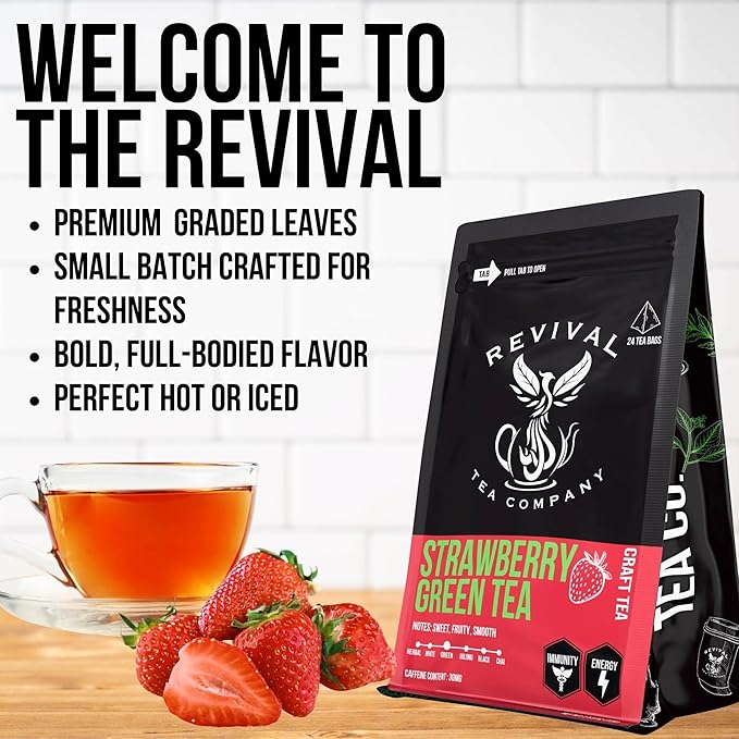 Revival Tea Company Strawberry Green Iced Tea - 1 Gallon Sachets - Green Tea Blend with Natural Strawberry Flavor - 15 Count