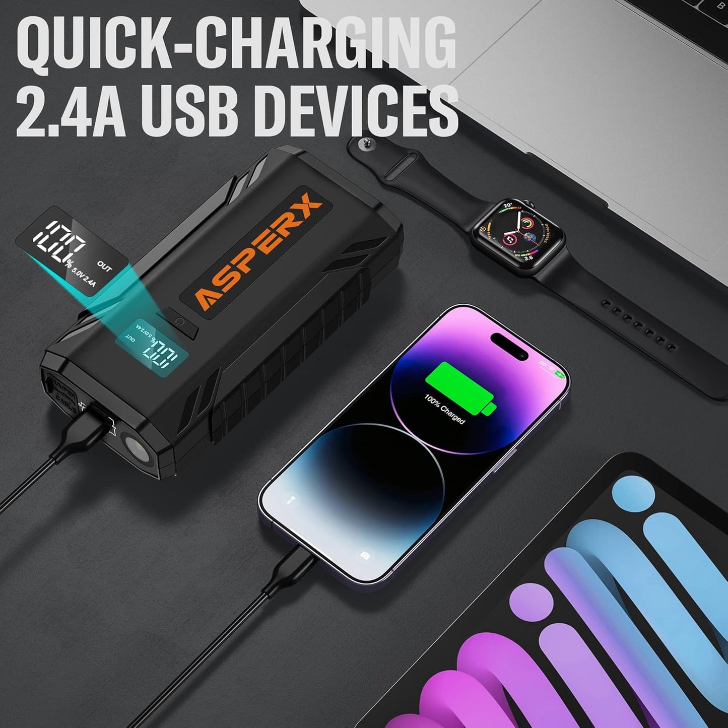 ASPERX Car Jump Starter, 2000A Peak Battery Jump Starter for Up to 7.0L Gas or 5.5L Diesel Engine, 12V Portable Battery Starter Power Pack with 1.4 INCH LCD Display