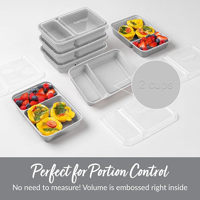 Bentgo 20-Piece Lightweight, Durable, Reusable BPA-Free 2-Compartment Containers - Microwave, Freezer, Dishwasher Safe - Silver