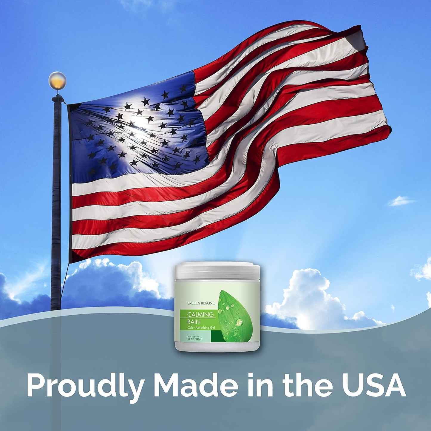 SMELLS BEGONE Air Freshener Odor Absorber Gel - 15 oz, Pack of 2 - Absorbs and Eliminates Odor in Pet Areas, Bathrooms, Cars, & Boats - Made with Essential Oils - Calming Rain Scent