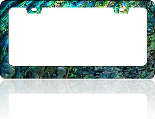 Faux Abalone License Plate Frame Funny Stainless Steel License Plate Holder for Front or Rear Car Tags for Car Decoration Accessories Rust-Proof with Screws 6.3 X 12.2 in for Women Men