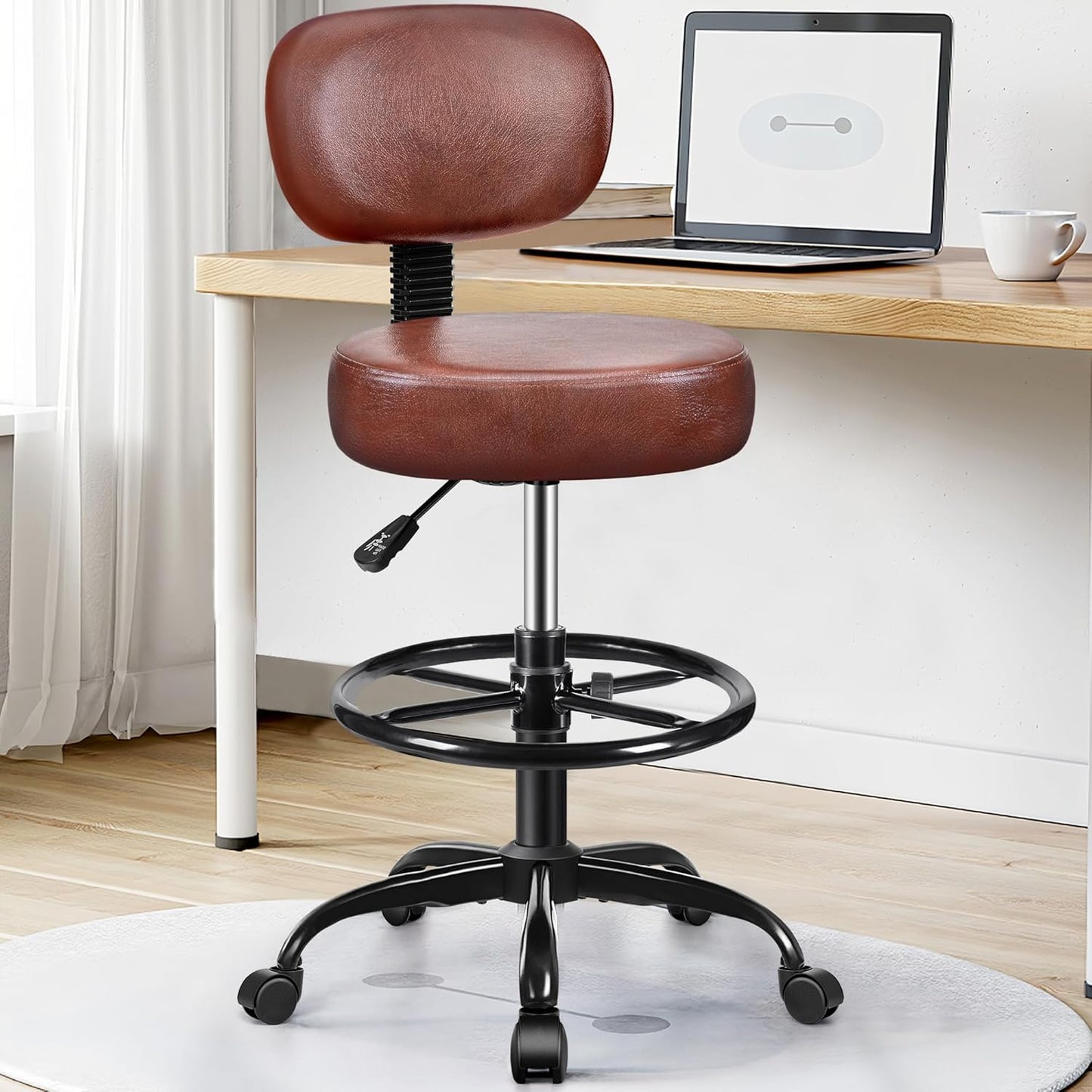 Drafting Chair with Backrest – Adjustable Foot Rest Rolling Stool with Wheels, PU Leather Swivel Stool for Office Spa Studio Lab Counter Salon Home Work Bar Kitchen Shop(Ember Brown)