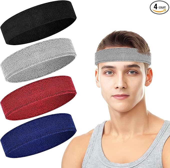 4 Pack Headbands for Men, Sweat Bands Headbands Men & Women, Cotton Terry Sweat Bands for Tennis, Basketball, Running, Gym, Working Out