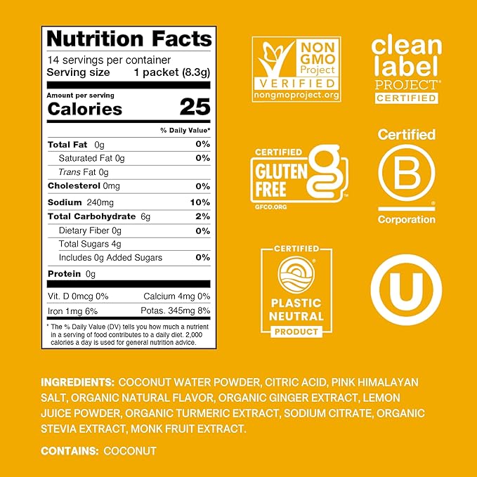 Cure Hydration | Plant-Based Electrolyte Drink Mix | No Added Sugar | FSA-HSA | Dehydration Relief Powder Made with Coconut Water | Non-GMO | Vegan | Pouch of 14 Packets - Ginger Turmeric