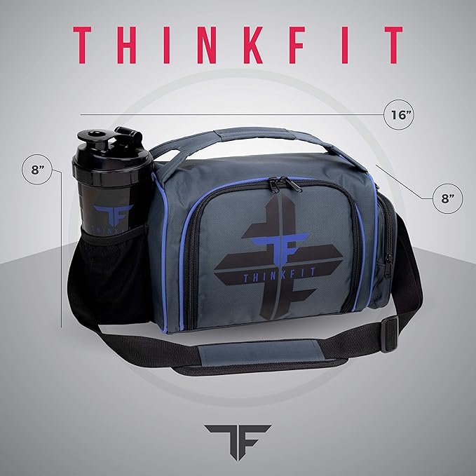 ThinkFit Insulated Lunch Box with 6 Portion Control Containers, Pill Dispenser, Shaker Cup & Ice Packs - BPA-Free, Reusable, Microwavable, Freezer Safe - Blue