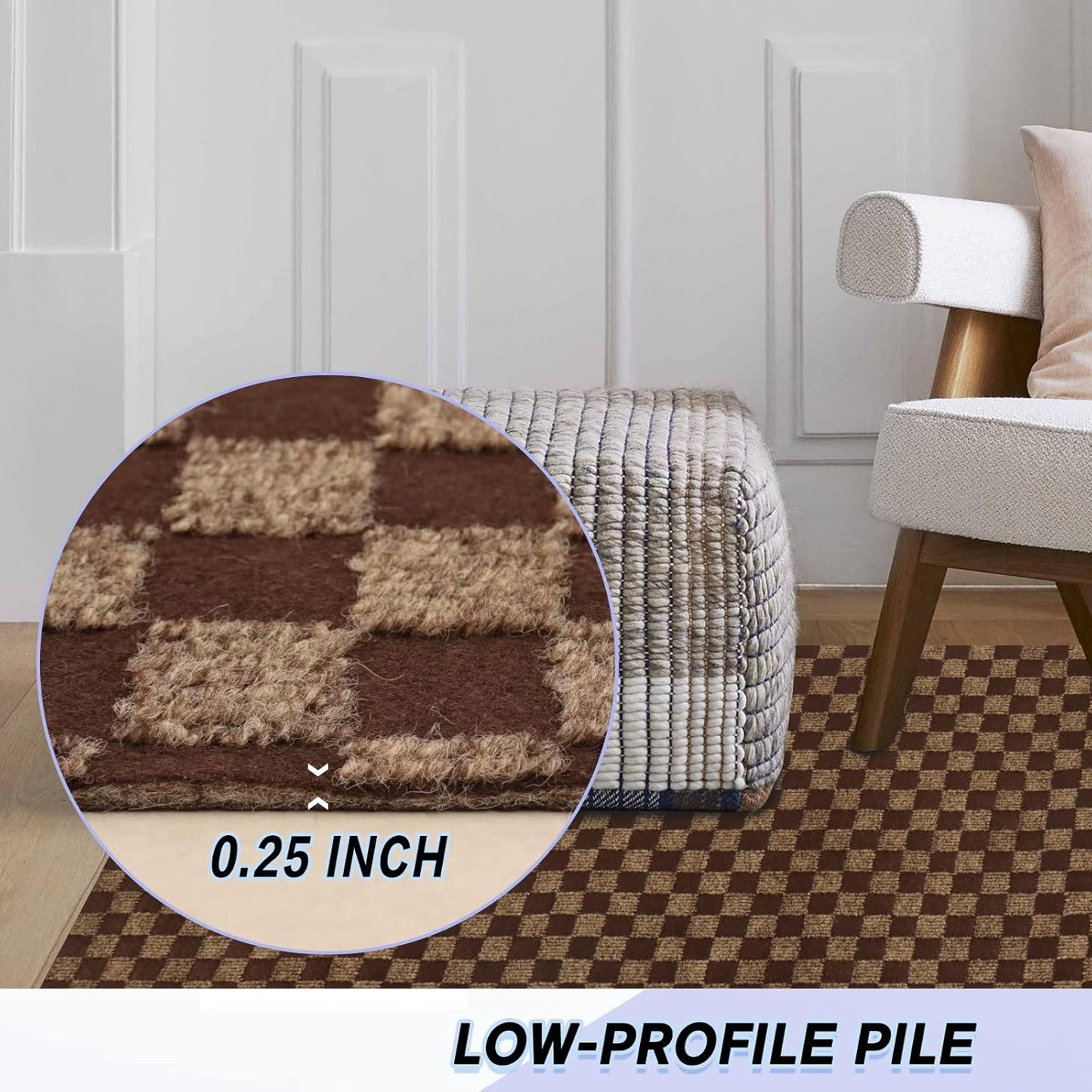 Custom Size Backed Non-Slip Area Rugs Runner, Easy Clean, Waterproof Runner Rugs for Hallway Entryway, Kitchen, Laundry, 3FT x 21FT, Brown Checkered