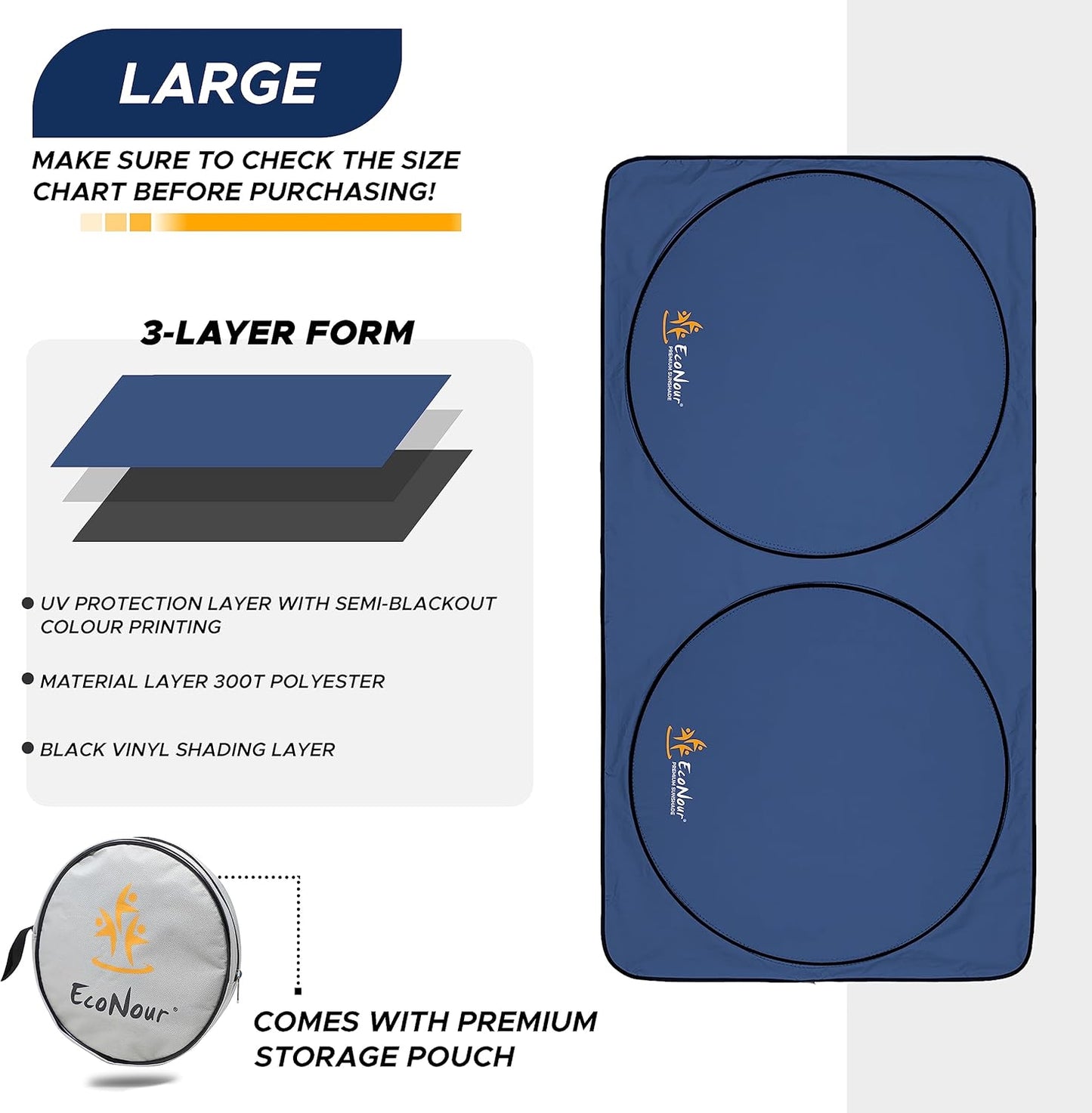 EcoNour Windshield Sun Shade| 300T Sun Shade for Truck| Foldable Truck Window Shade Blocks UV Rays & Sun Protects Interior Car Accessories| Universal Fits for Blue | X-Large (69" x 35")