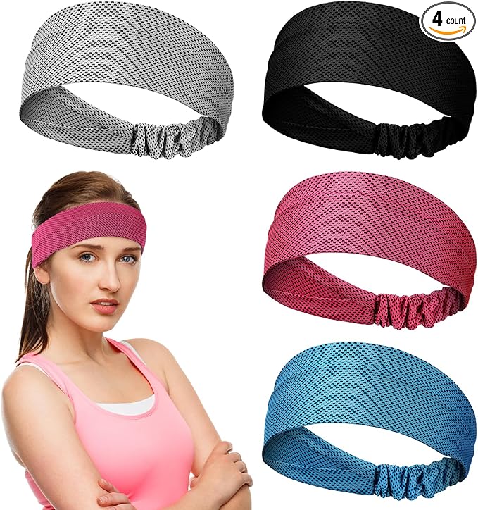 Coume 4 Pcs Cooling Headbands for Women Men Sweat Absorbing Headbands Stretchy Sports Hair Bands for Running, Yoga, Golf, Camping, Biking, Tennis
