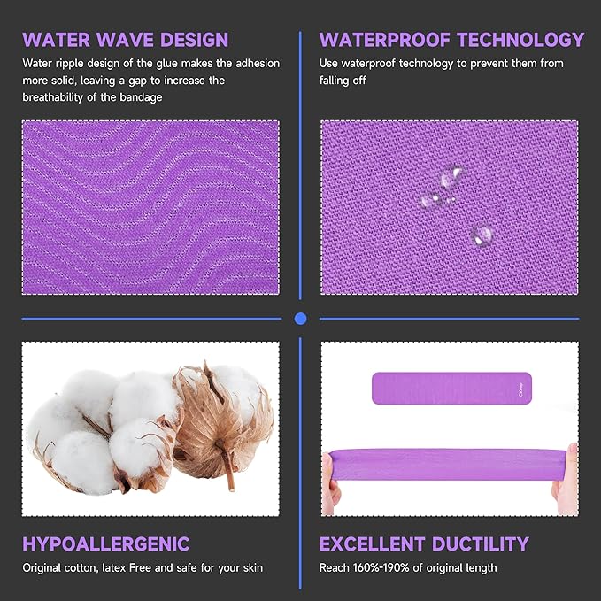 CKeep Uncut Kinesiology Tape(2 Rolls), Original Cotton Elastic Premium Athletic Tape,Latex Free Hypoallergenic, 2inch x 16ft, Purple