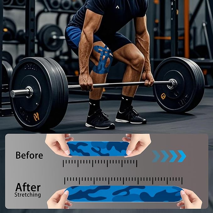 Precut Kinesiology Tape for Knees,12 Pcs – Elastic Knee Support & Stability, Pain Relief – Waterproof, Breathable, Hypoallergenic Athletic Tape (Camo Blue)