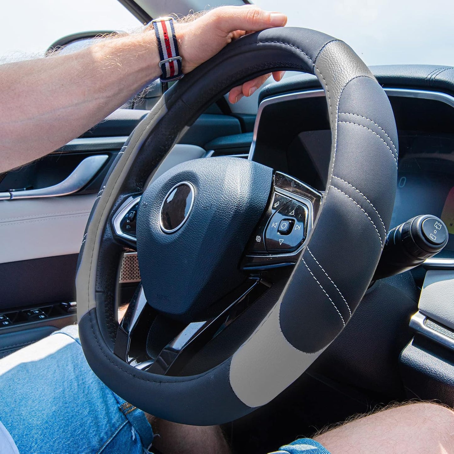 CAR PASS Line Rider Microfiber Leather Sporty Steering Wheel Cover Universal Fits for 95% Truck,SUV,Cars,14.5-15inch Anti-Slip Safety Comfortable Desgin (Black-Gray)