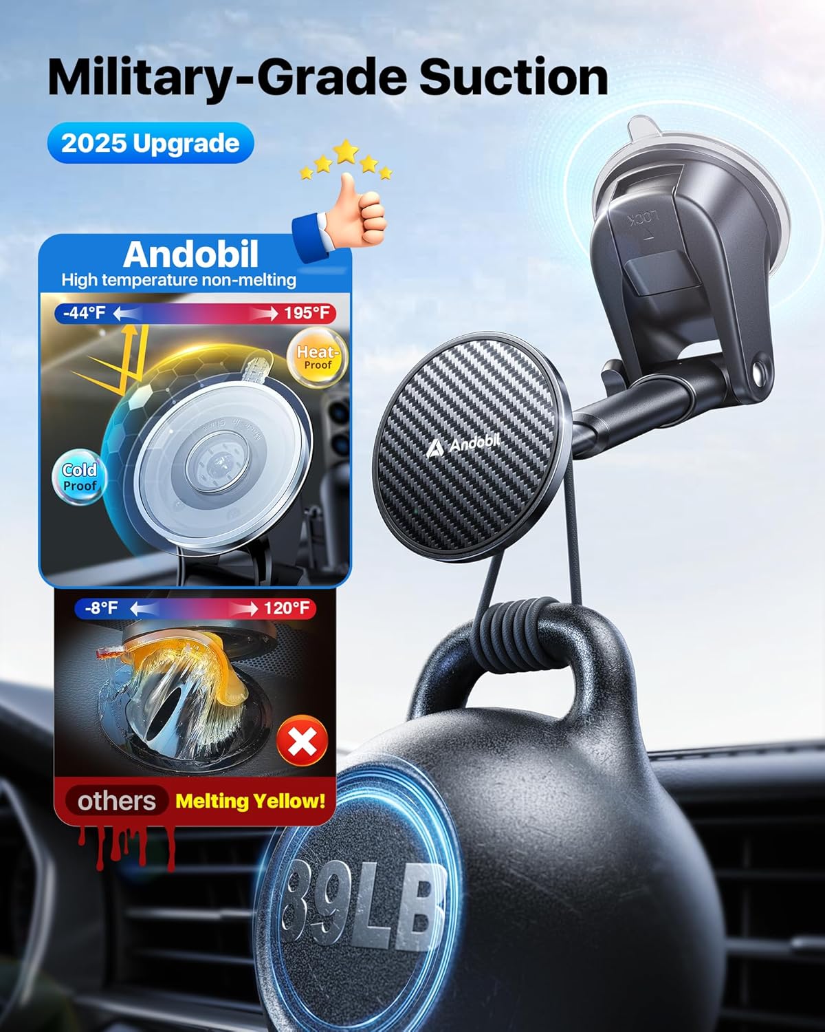 【True Military-Grade】andobil 3 in1 Magnetic Phone Holder for Car Dashboard Windshield Vent 【Upgrade Suction & Strongest Magnet】Retractable for MagSafe Car Mount for iPhone 16 15 14 13 Pro Max Sumsung