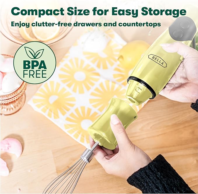 BELLA Immersion Blender, Portable Mixer and Emulsifier with Whisk Attachment, 2 Speed, Electric Handheld Juicer, Shakes, Baby Food and Smoothie Maker, Stainless Steel, BPA Free, 250 Watt, Yellow