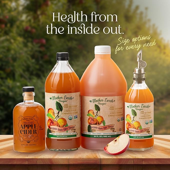 Mother Earth, Organic Apple Cider Vinegar with The Mother, Fresh Pressed Organic Apples, OACV, ACV, Raw, Unpasteurized, Unfiltered (1/14oz Apothecary Glass Bottle with Pour Spout)