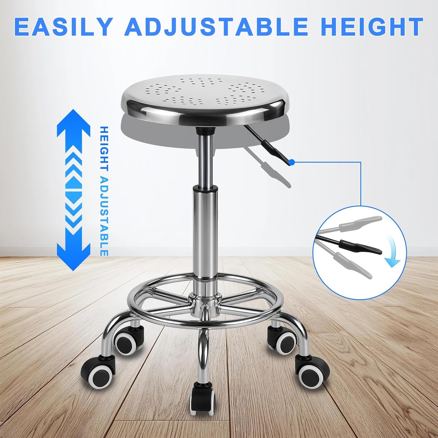 Rolling Stool, Stainless Steel Workbench, Adjustable Swivel Stool Medical 5 Wheels, 304 Stainless Steel Structure Laboratory Round Pad, Load Capacity 445 lbs (Silver)