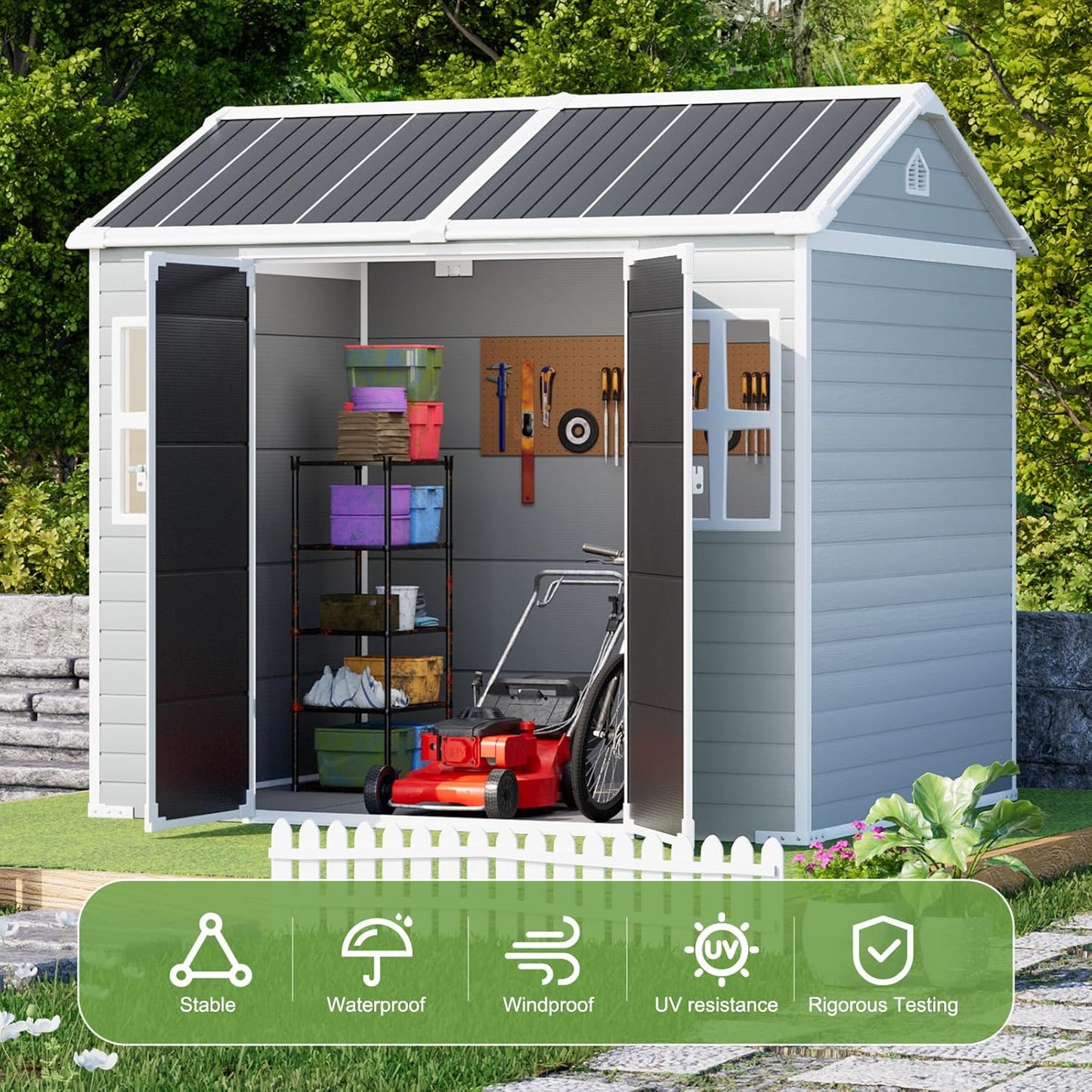 8x6x7 FT Resin Storage Shed, Waterproof Outdoor Shed w/Floor Included, 2 Windows, Double Lockable Doors & Vents,Outside Plastic Tool Sheds for Garden, Lawn, Backyard, Dove Grey
