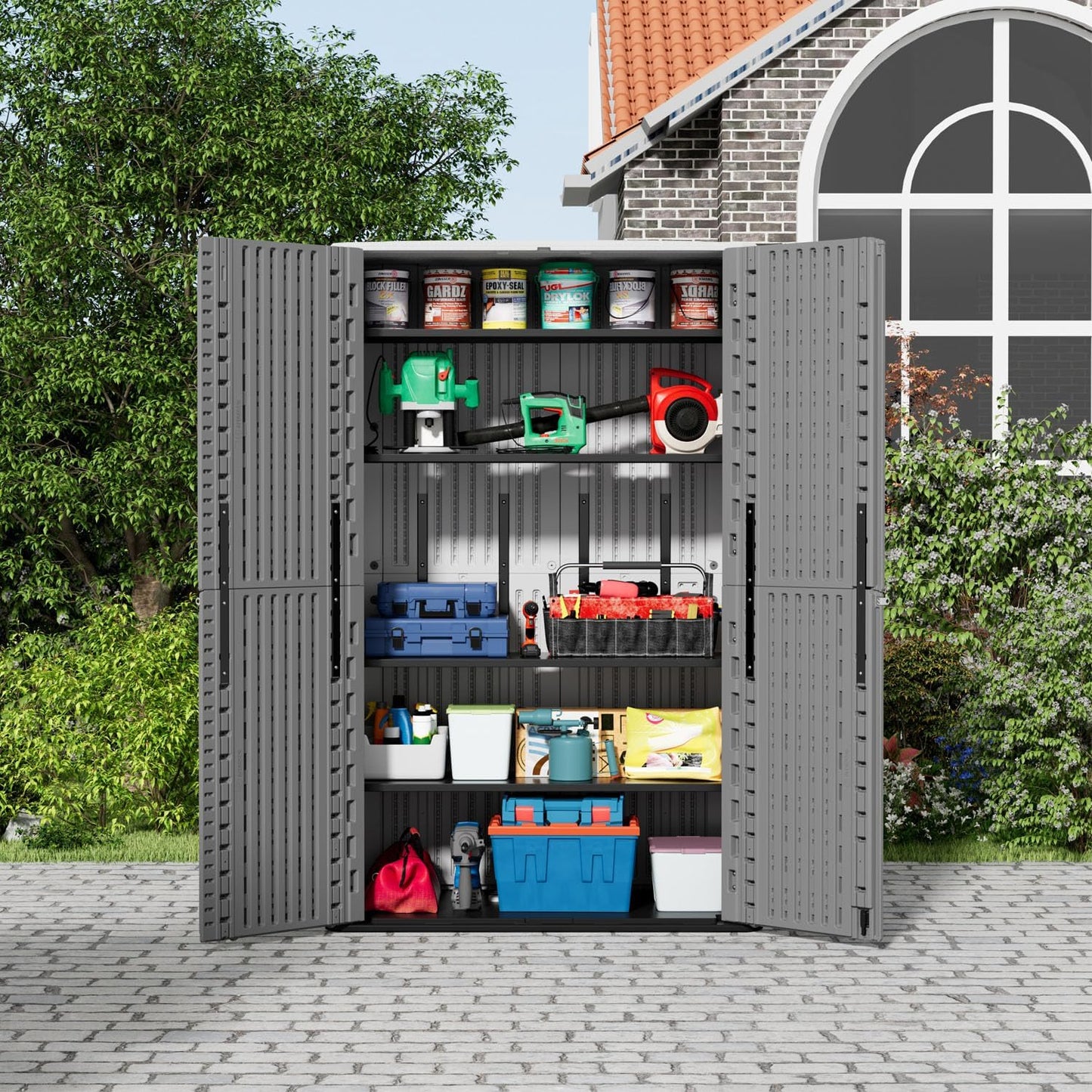 ZZM 67 Cuft Vertical Outdoor Storage Shed Diamond Texture Resin Outdoor Cabinet, 4x6 Sheds FT for Garden, Patio, Backyard, All-Weather Plastic Storage Clearance, Lockable with Floor (Grey-White)