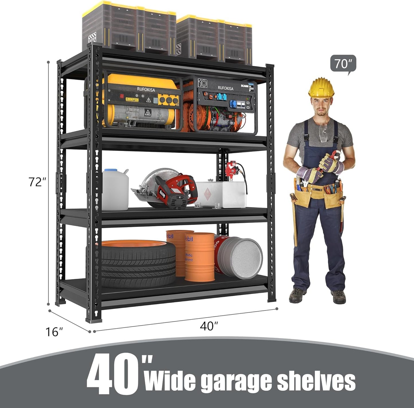 40" W Garage Shelving Heavy Duty，1800LBS Loads Metal Shelving Units and Storage,4-Tier Garage Storage Shelves Heavy Duty, Industrial Utility Shelves,40”W x 16”D x 72”H(Black)
