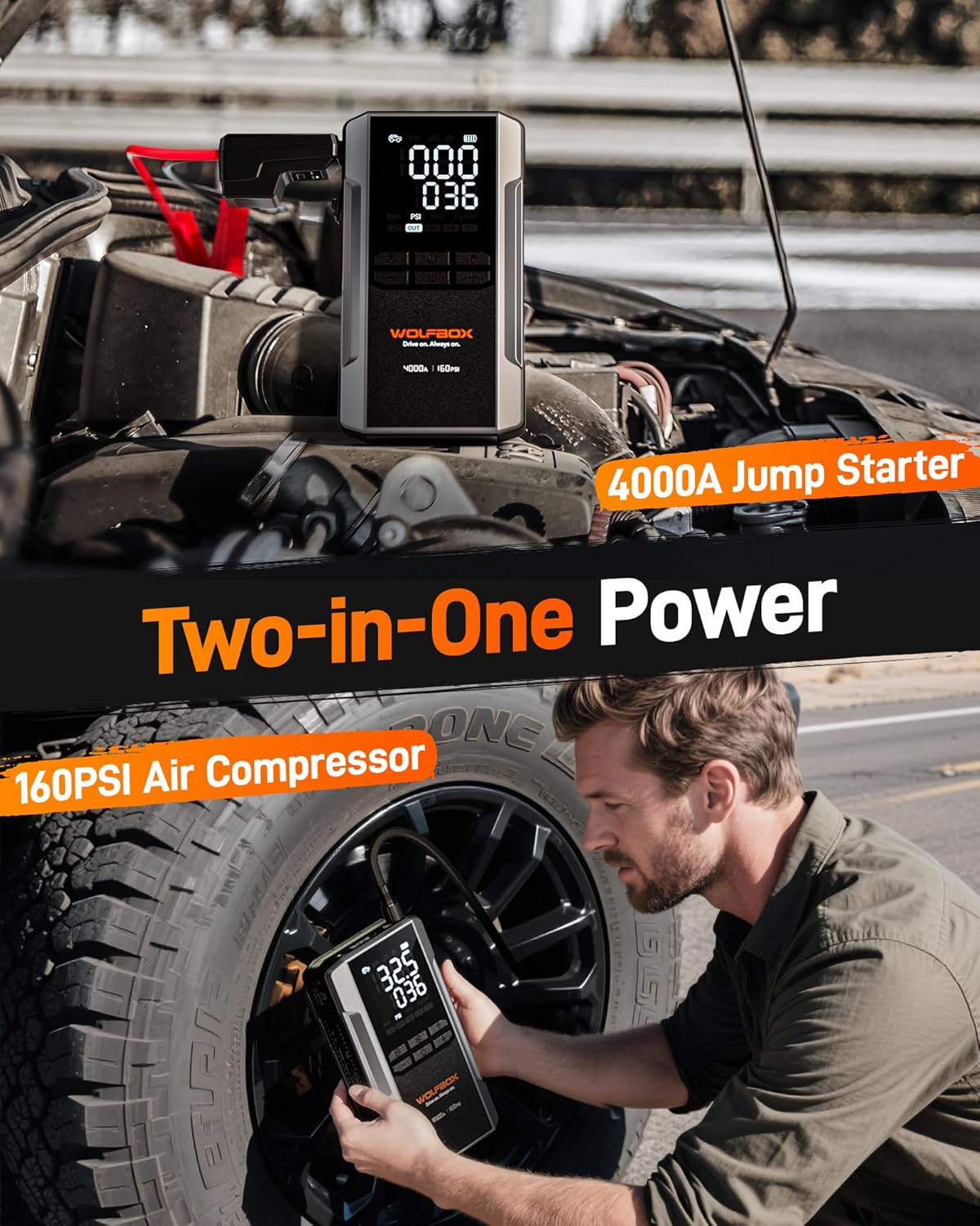 WOLFBOX 4000A Jump Starter with 160PSI Air Compressor, 12V Car Battery Booster, 65W Fast Charge, 24000mAh Portable Tire Inflator, LED Display for 10L Gas & 10L Diesel Engines, LED Light, Jumper Cables