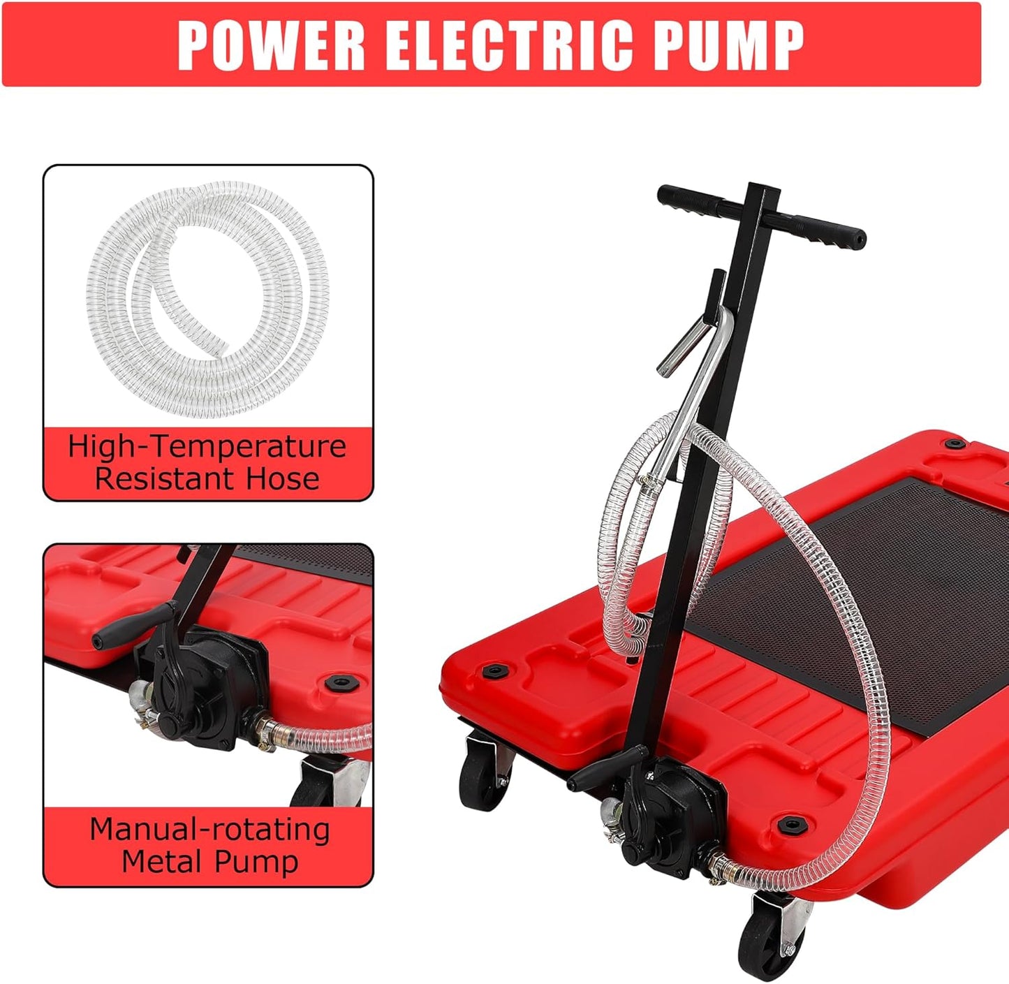 ‌17 Gal Low Profile Oil Drain Pan, Heavy Duty Mobile Oil Changing Pan with Hand Pump, 8 Ft Hose & Quick Drain Valve, Leak-Proof Design for Truck Car Motorcycle, Garage Workshop Use