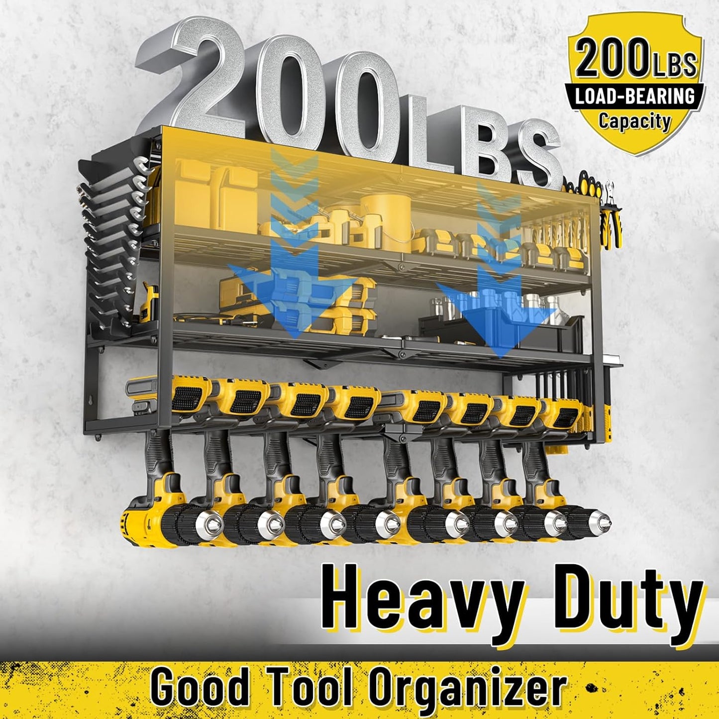 Heavy Duty Power Tool Organizer Wall Mount, Cordless Drill Hanger Storage Rack, Battery Tool Holder Utility Rack with Side Wrench Rack for Garage Workshop-32 Inch 8 Slots