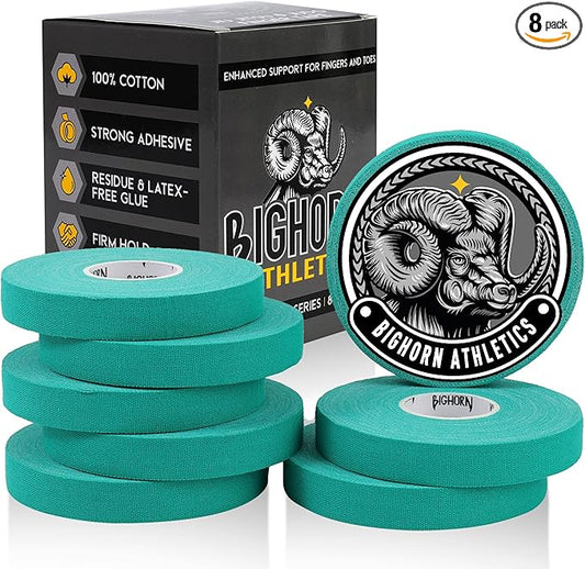 Bighorn Athletics Jiu Jitsu Finger Tape, Rock Climbing Tape | Multipurpose for Sports & Injuries: MMA, Volleyball, Football, Basketball, Tennis, Golf, Hands & Toes, 0.5-Inch x 45-feet, 8-Rolls, Green