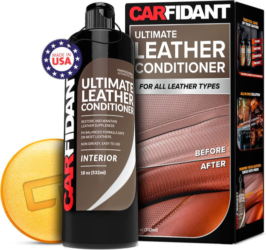 Carfidant Ultimate Leather Conditioner & Restorer - Full Leather Restore & Conditioning Kit with Applicator Pad for Car Seats, Couch, Furniture, Shoe, Sofa, Bag & Purses - 18 fl. oz.
