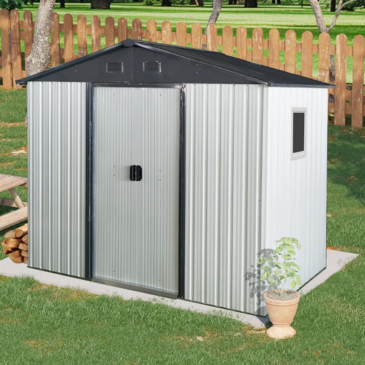 4x8 FT Outdoor Storage Shed, Metal Garden Shed with Frame Floor, Outside Tool Shed with Window, Waterproof Storage Building with Lockable Sliding Doors & Sloped Roof for Backyard, Patio, White+Black