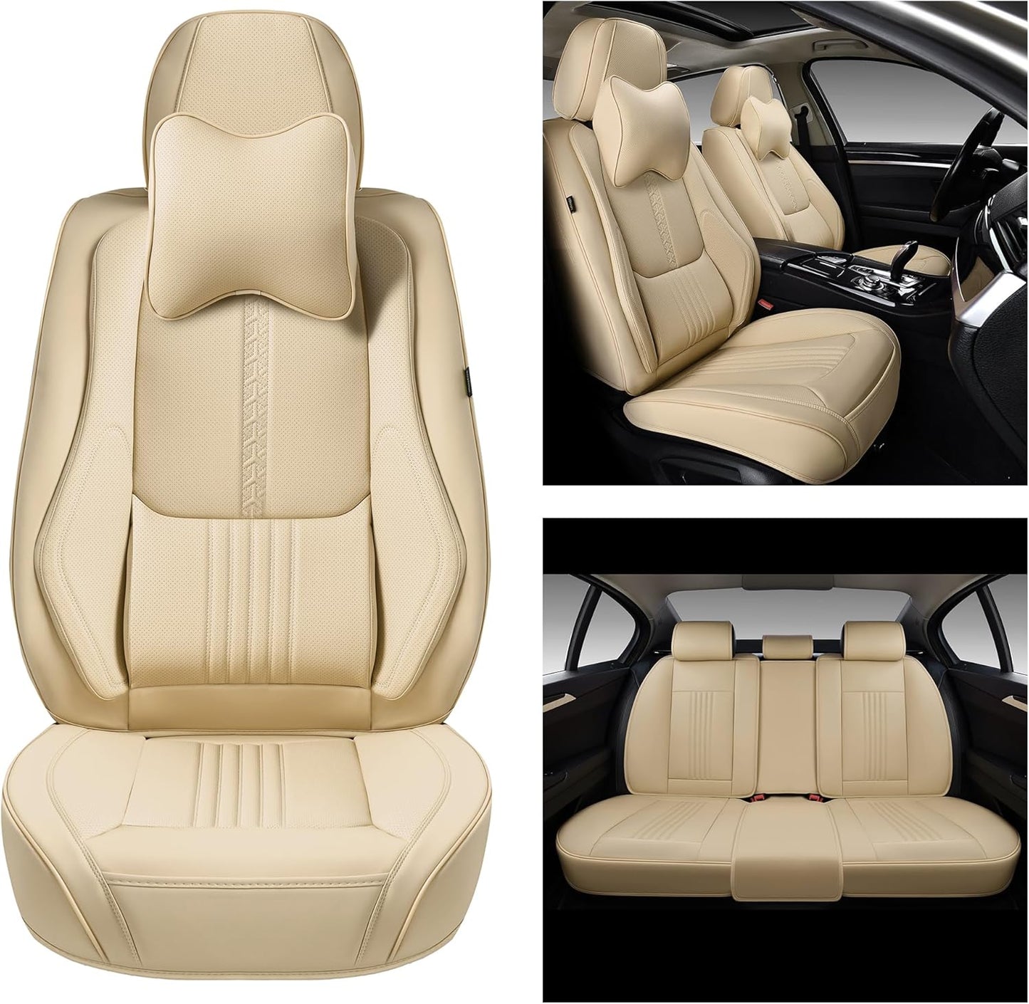 Car Seat Covers Full Set, Front and Rear Seat Covers for Cars, Waterproof Leather Auto Seat Protectors with Head Pillow, Car Seat Cushions Fit for Most Sedans SUV Pick-up Truck, Beige