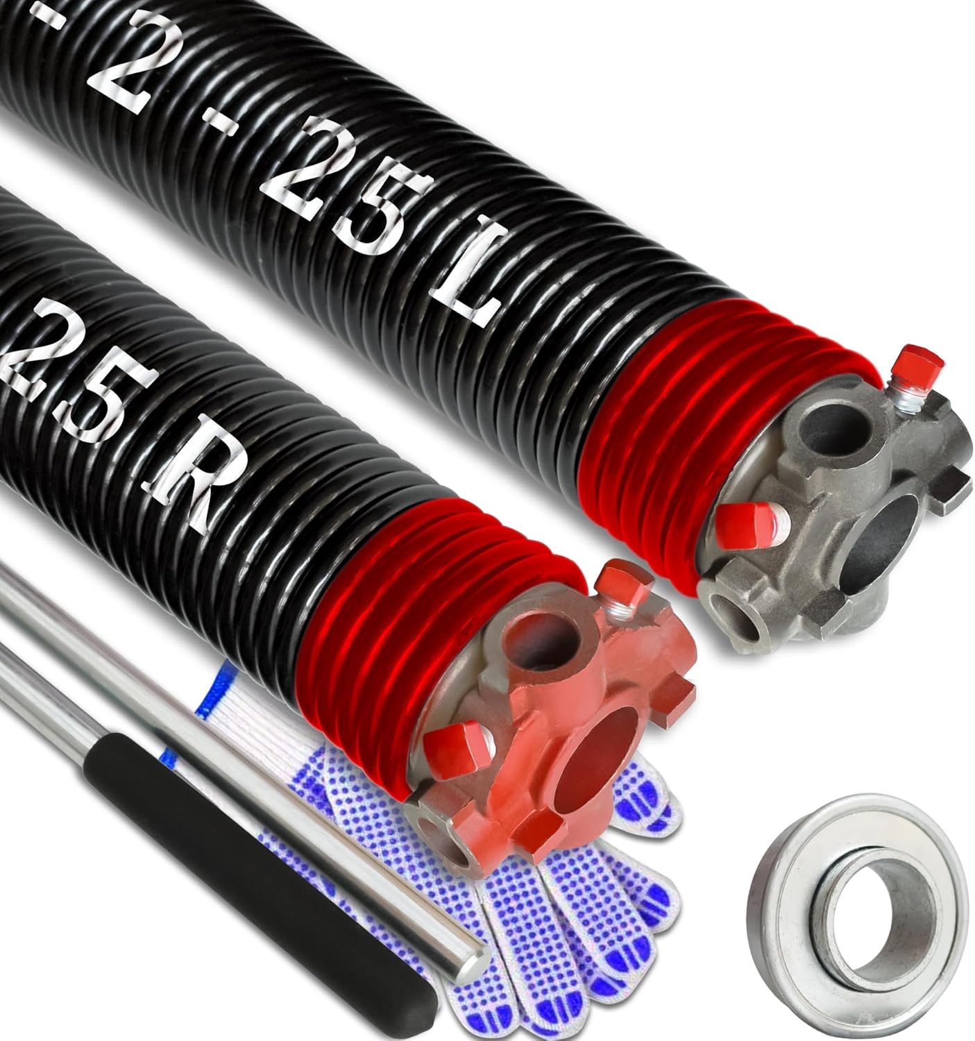 Garage Door Torsion Spring Set, Pair of 2" Electrophoresis Coated Garage Door Spring Replacement with 2 Non-Slip Winding Bars and Bearing, Minimum 16000 Cycles (.225x2x25")