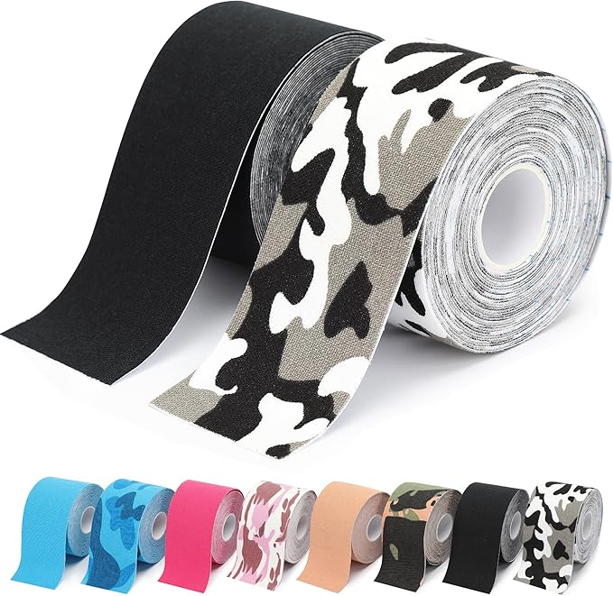 2 Rolls Kinesiology Tape, Waterproof Kinetic Tape 1.97 in x 16.4 ft, Uncut Cotton Elastic Athletic Strips for Knee, Shoulder, Ankle, Muscle Support (Black and Black Camouflage)