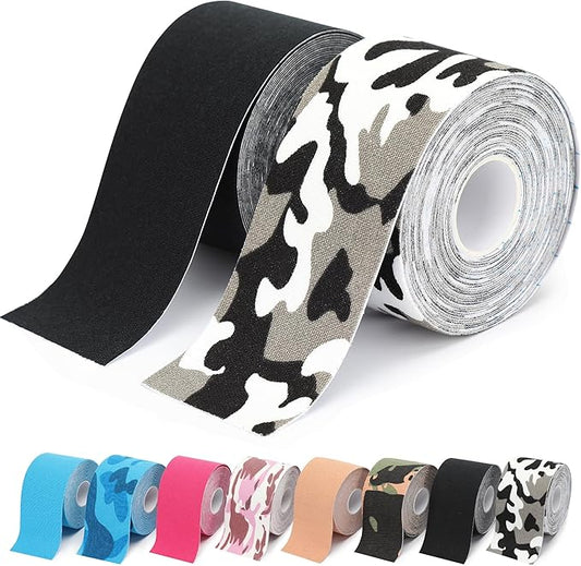 2 Rolls Kinesiology Tape, Waterproof Kinetic Tape 1.97 in x 16.4 ft, Uncut Cotton Elastic Athletic Strips for Knee, Shoulder, Ankle, Muscle Support (Black and Black Camouflage)