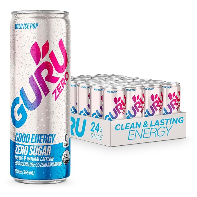 GURU ZERO SUGAR Wild Ice Pop Organic Energy Drinks, Clean Energy Drink with Plant Based Natural Caffeine from Green Tea, Coconut Water, Prebiotic, Zero Added sugars, Gluten Free and Vegan, Pre Workout, Healthy Drinks, 12oz (Pack of 24)