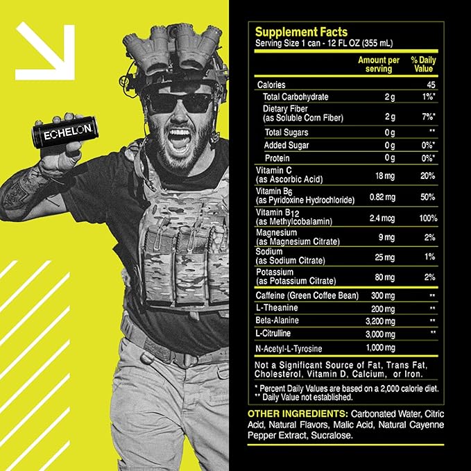 Echelon Pre-Workout Energy Drink | Yuzu Cayenne | 12 Pack | Sustained Energy, Focus and Endurance Dietary Supplement | 300mg of Caffeine | Beta-Alanine, L-Theanine & Fiber | Vegan