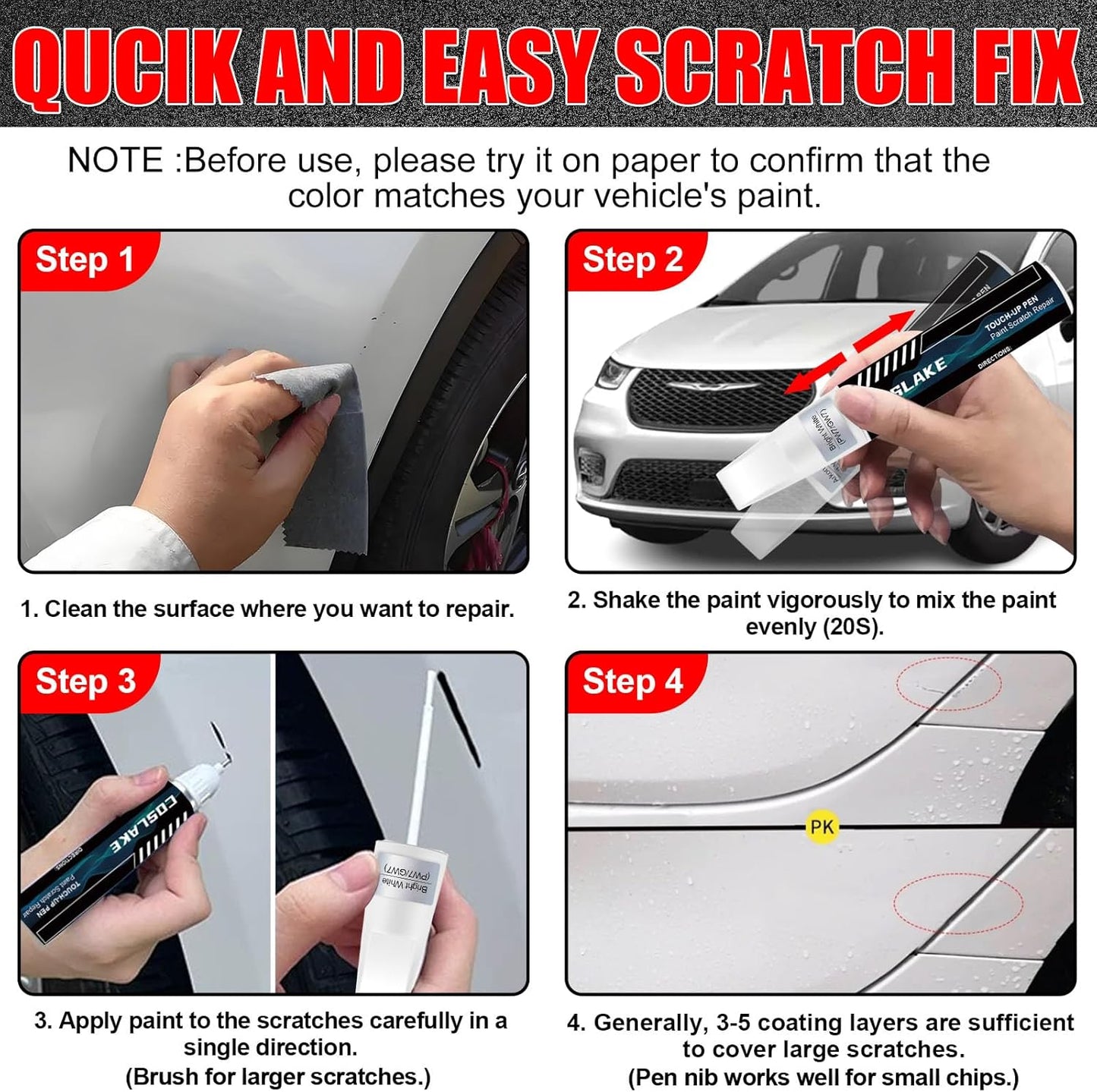 Car Touch Up Paint(Diamond Black Crystal(PXJ/KXJ)) for Chrysler, Car Paint Scratch Repair Kit, Quick & Easy Solution to Repair, 2 in 1 Scratch Remover Pen with 2PCS Disposable Micro Applicators