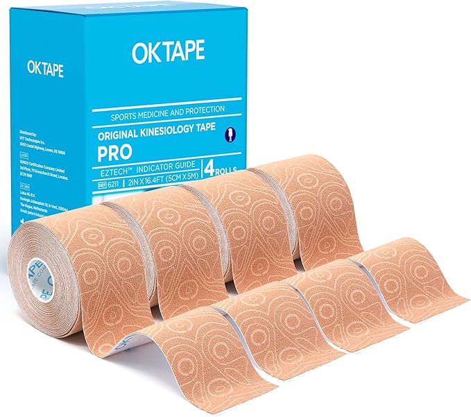 OK TAPE PRO Kinesiology Tape Uncut Roll, Elastic Physical Therapy Athletic Tape for Pain Relief, Muscle Support, Kinetic Tape, Water Resistant, 2in X 16.4ft -Beige 4 Pack