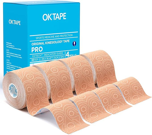 OK TAPE PRO Kinesiology Tape Uncut Roll, Elastic Physical Therapy Athletic Tape for Pain Relief, Muscle Support, Kinetic Tape, Water Resistant, 2in X 16.4ft -Beige 4 Pack