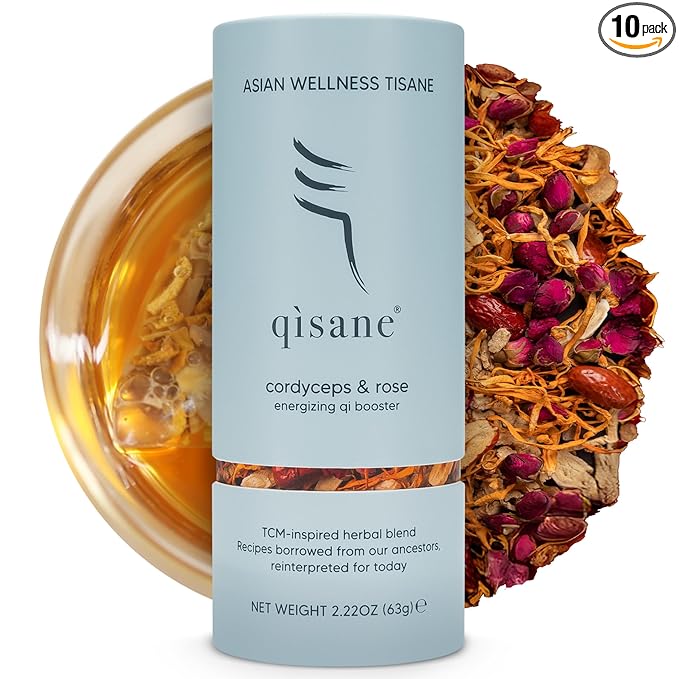 qìsane Cordyceps Tea Bags with Dried Rose Buds - Adaptogenic Cordyceps Mushroom Flowers, Dried Roses, Astragalus Root & Codonopsis Root Helps Boost Qi & Balance Body & Spirit - 10 sachets (~30 cups)