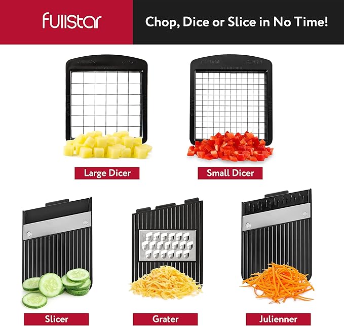 Fullstar All-in-1 Vegetable Chopper and Mandoline Slicer for Kitchen - Cheese Grater, French Fry Cutter, Cheese Slicer - Bonus Handheld Spiralizer Included (6 in 1, Black)