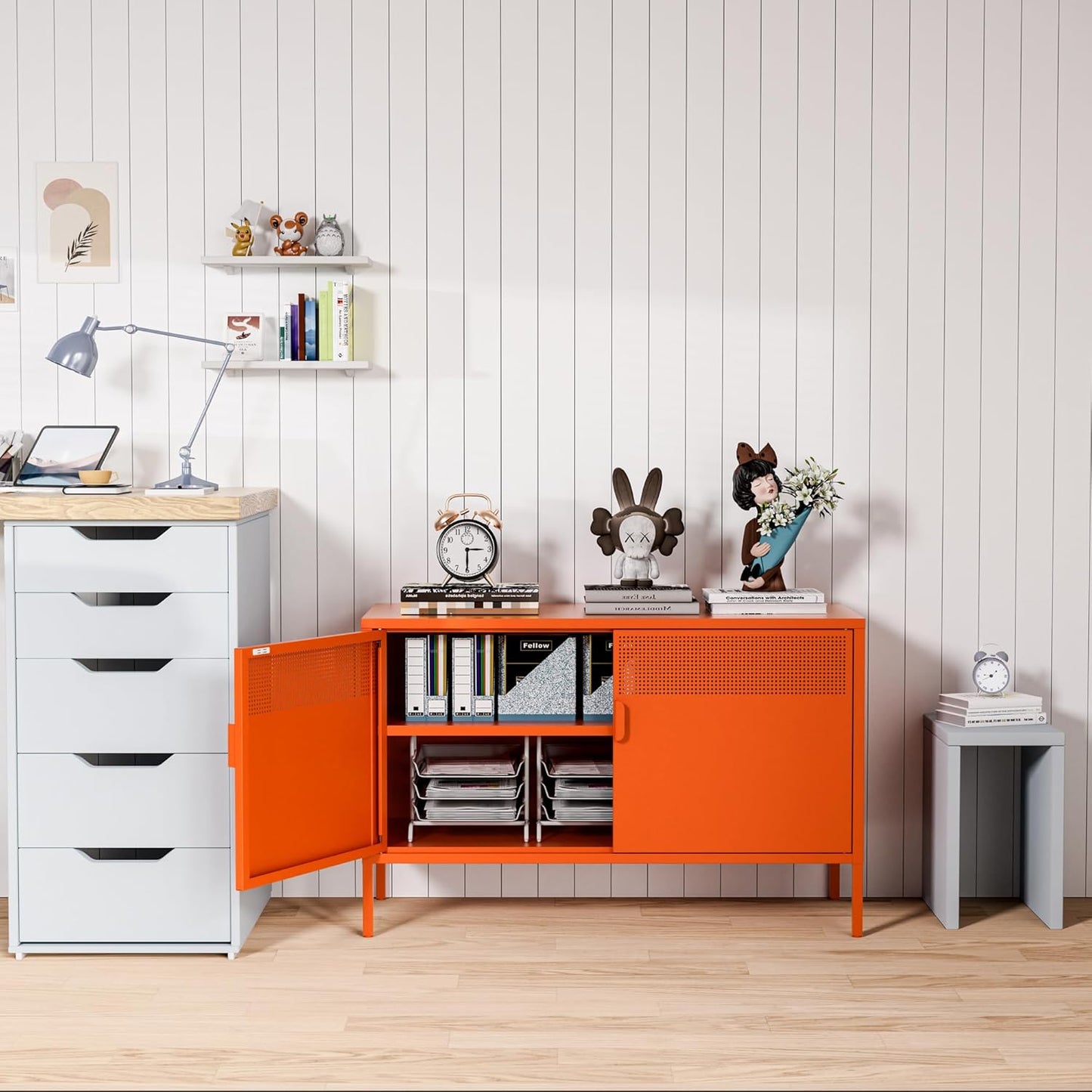 2 Door Accent Cabinet,Orange Metal Storage Cabinet with Adjustable Shelf,2-Tier Shelf,Multipurpose Metal Locker Storage for Office Home,Music Studio (Orange)